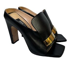 Sergio Rossi SR1 Sabot Mules Black with Gold Detail Size 5